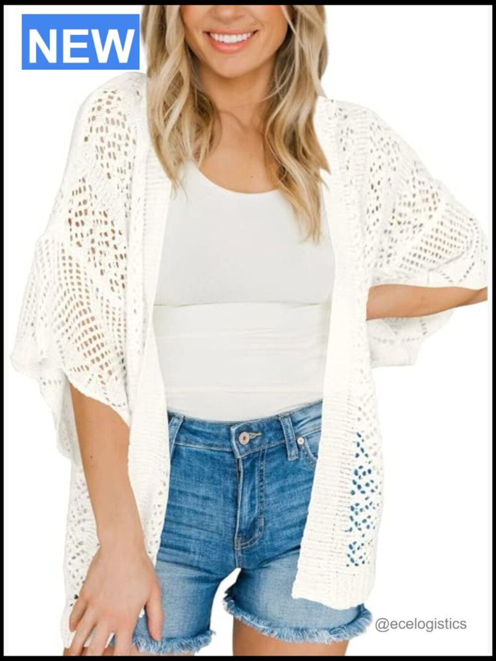 Lightweight Crochet Cardigan 3/4 Sleeve Open Front Knit Kimono Cover Up